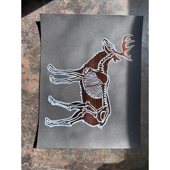 “Stag of Shadows” Foil Skeleton Deer Art Print (Gold Rust & White) - Picture 1 of 2